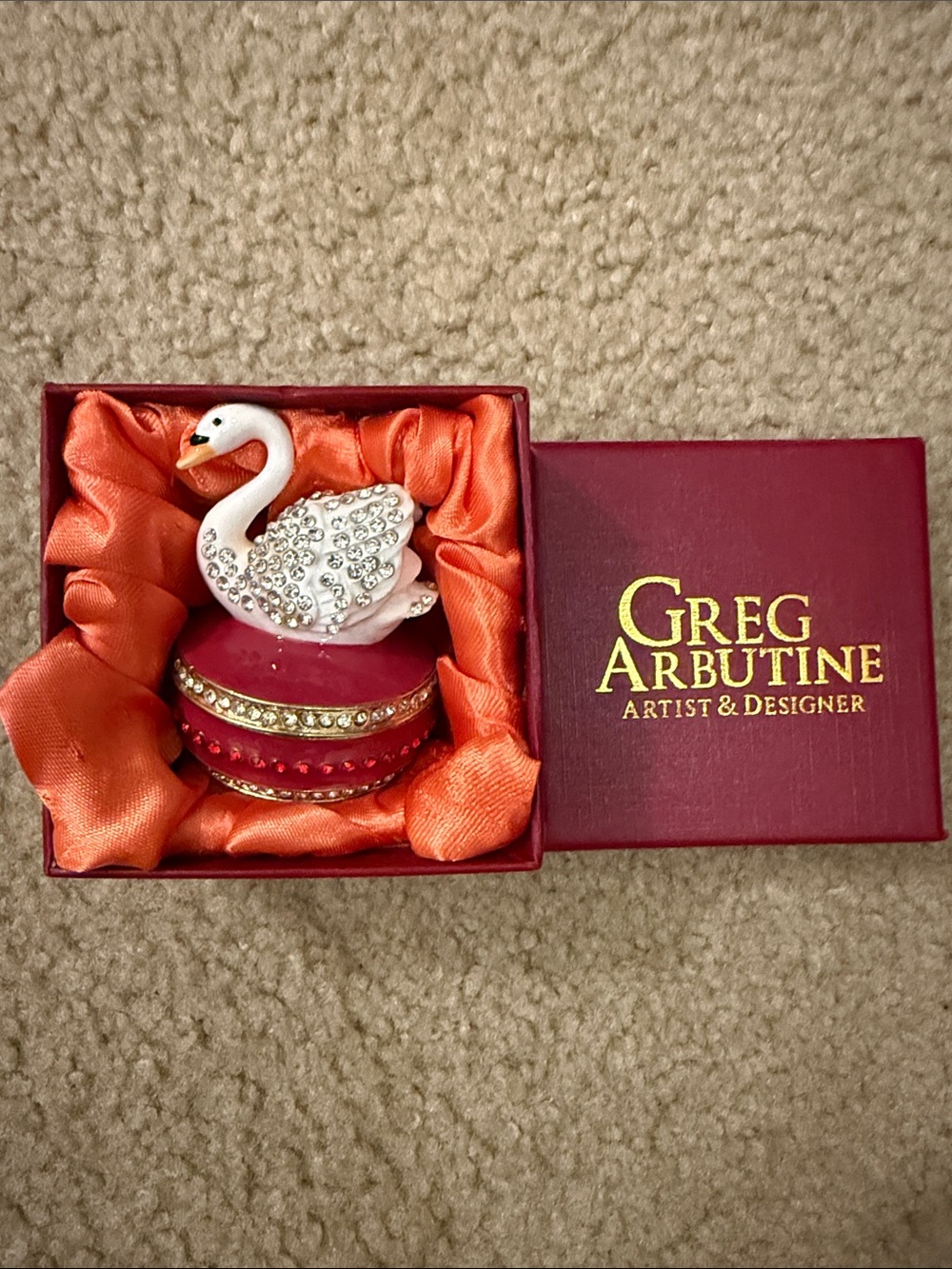 artis Jeweled White Swan Trinket Box with Red Exterior and Orange Interior
